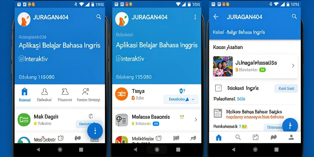 Tampilan antarmuka aplikasi JURAGAN404 untuk belajar Bahasa Inggris.