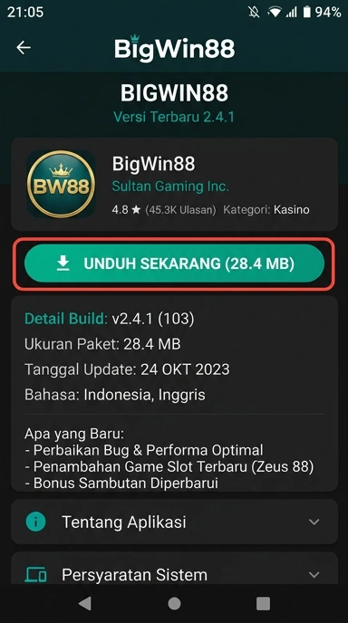 Tampilan halaman APK bigwin88
